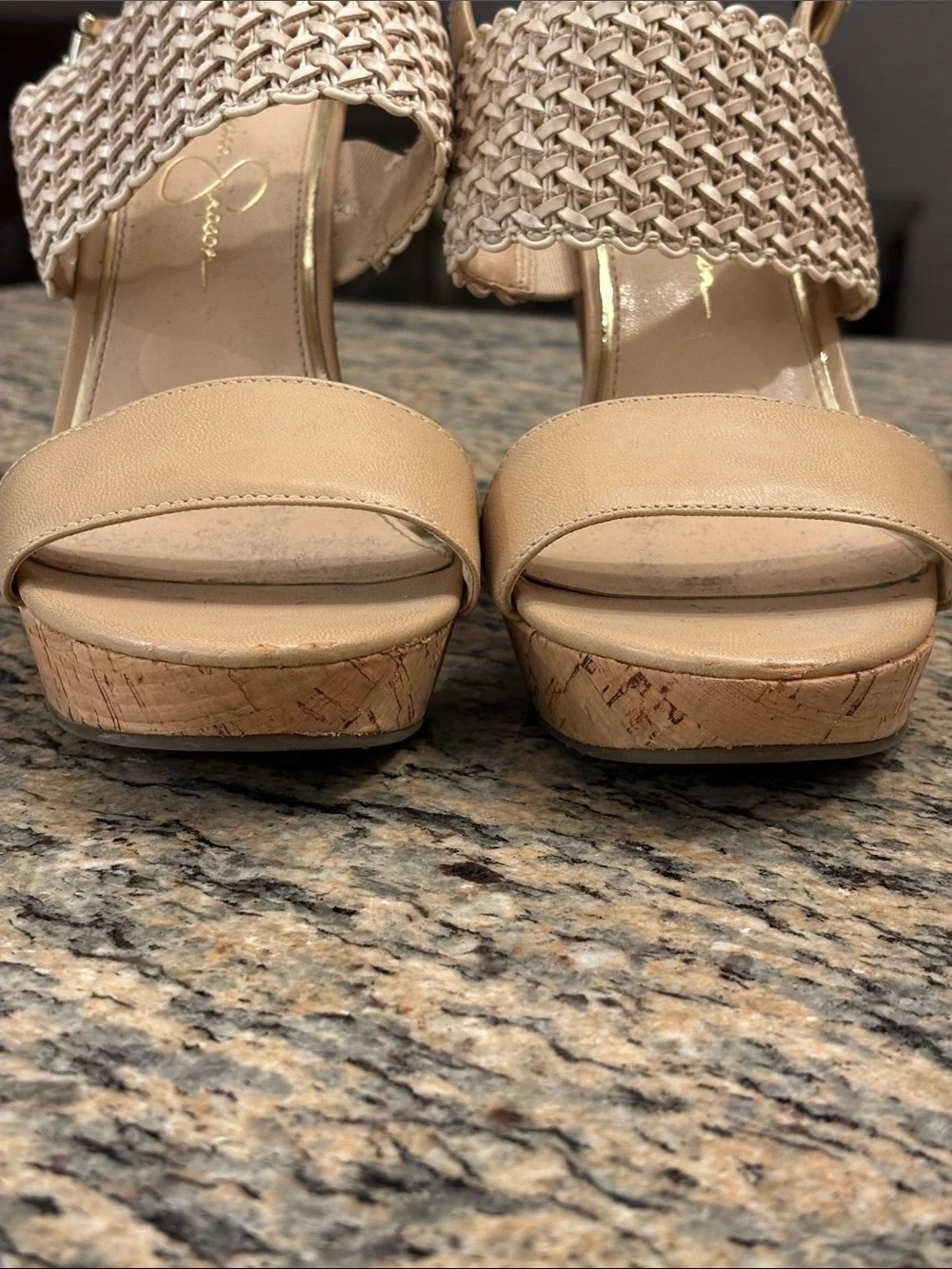Jessica Simpson Nude Cork Wedge Sandals Woven Slingback Platform Heels Size 8B